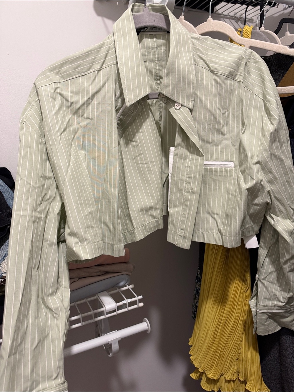 Zara Cropped Pinstripe Blazer Jacket - Light Sage